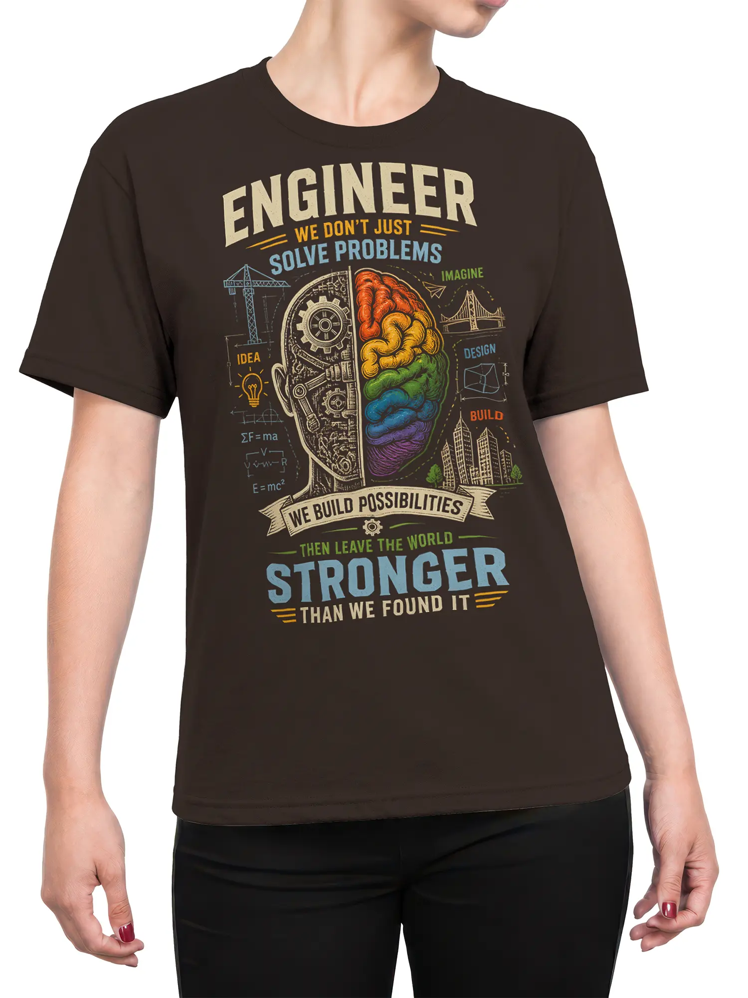 Female torso wearing a brown engineer T-shirt with colorful brain, gears, formulas, and construction-themed artwork