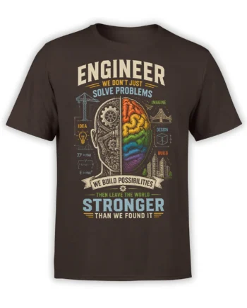 Brown engineer T-shirt with colorful split brain, gears, formulas, buildings, and bold problem-solving text