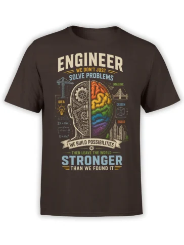 Brown engineer T-shirt with colorful split brain, gears, formulas, buildings, and bold problem-solving text