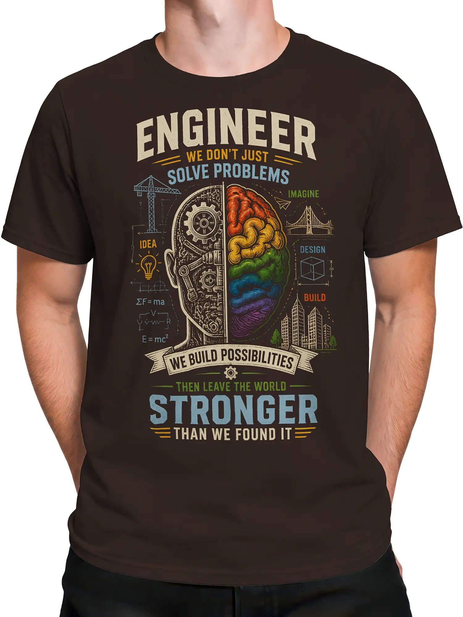 Male torso wearing a brown engineer T-shirt with colorful brain, gears, formulas, and building illustrations