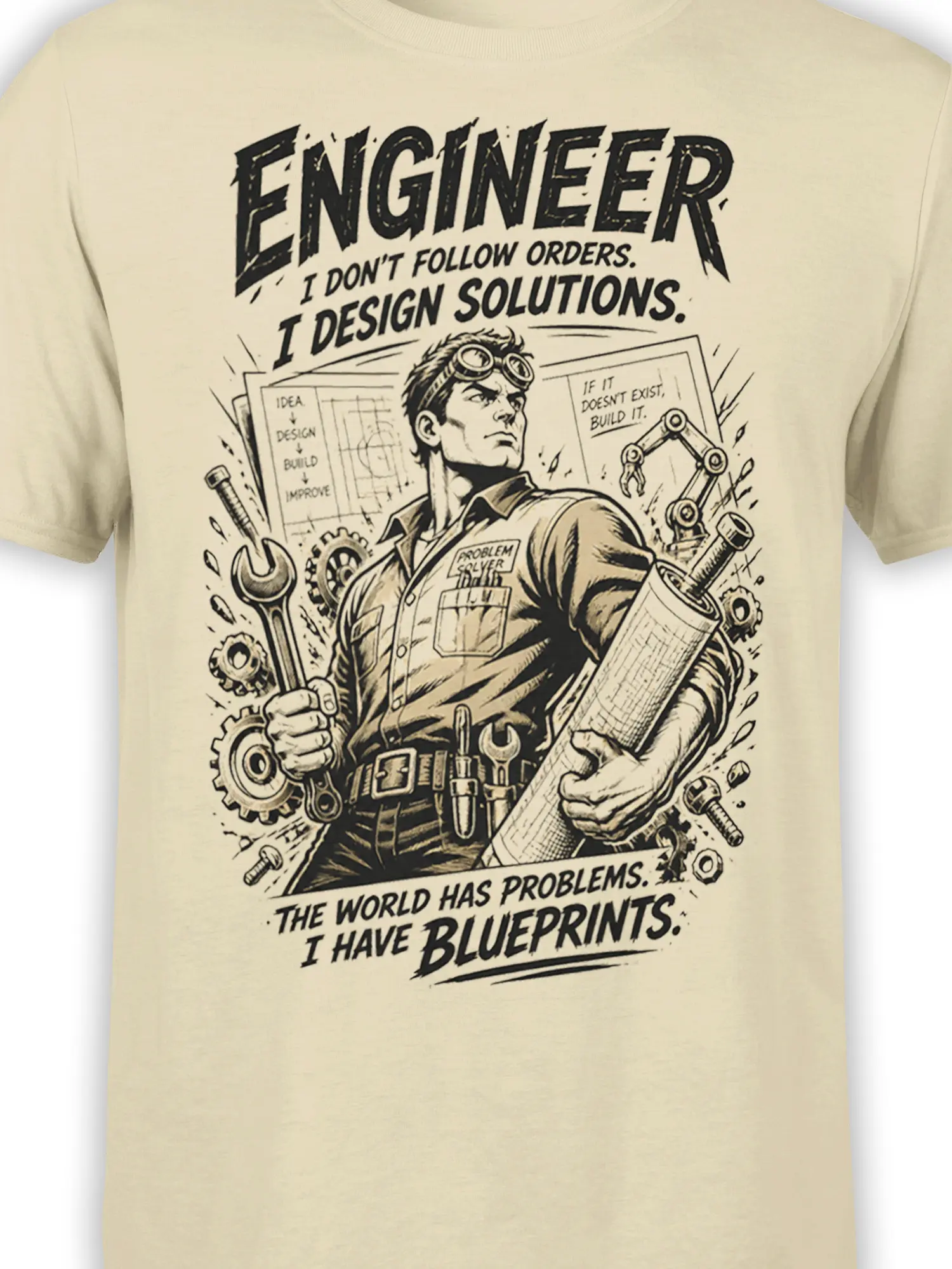 Close-up of beige engineer graphic showing goggles, wrench, gears, blueprint details, and dark vintage linework