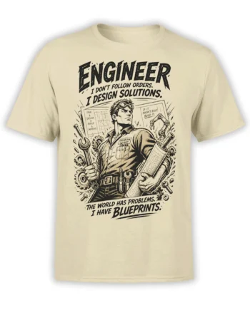 Beige engineer t-shirt with goggles, wrench, gears, blueprints, and bold problem-solver lettering