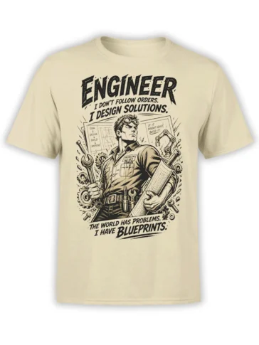 Beige engineer t-shirt with goggles, wrench, gears, blueprints, and bold problem-solver lettering