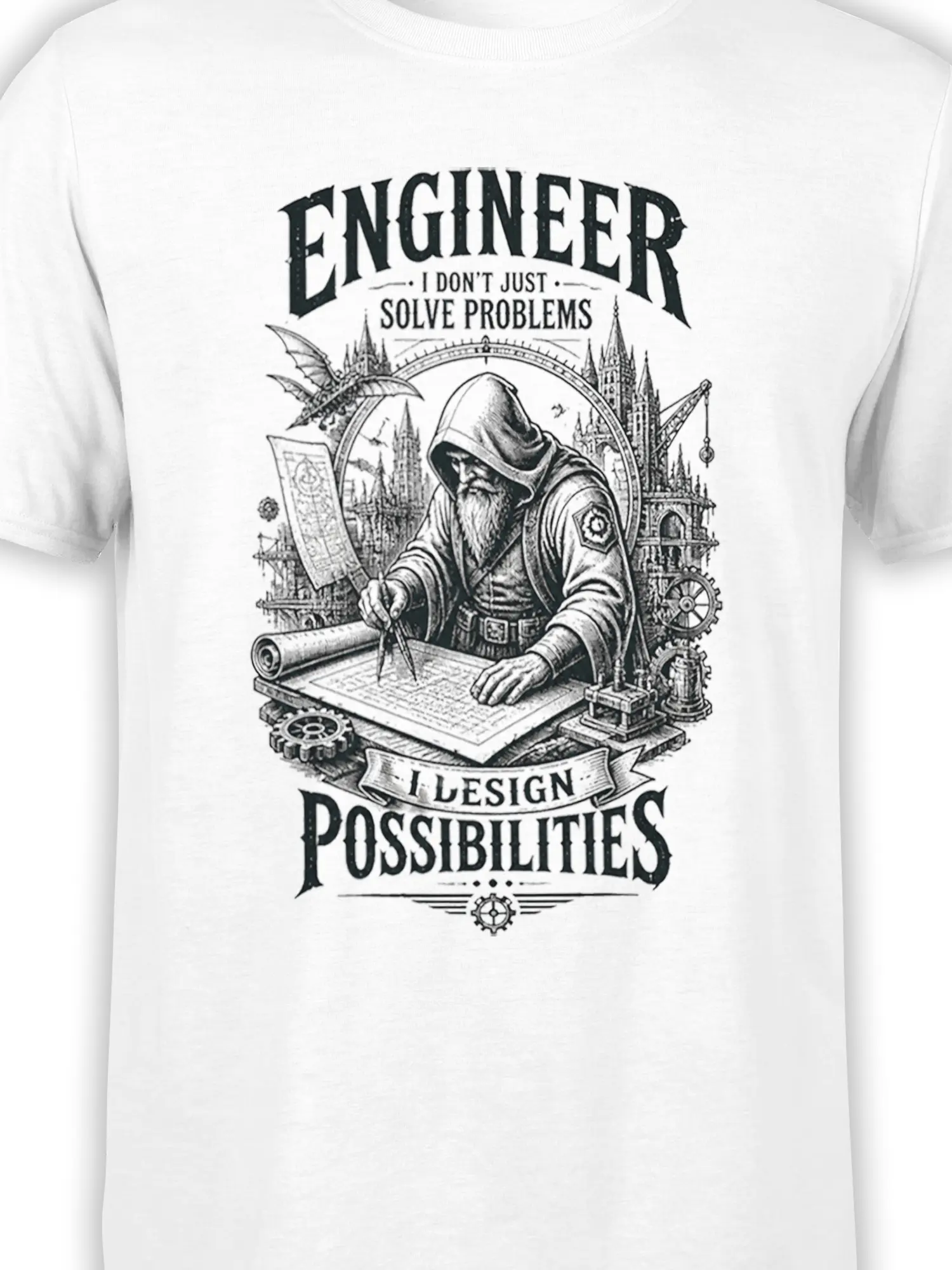 Close-up of the hooded fantasy engineer, blueprint, gears, and gothic machinery printed on a white T-shirt