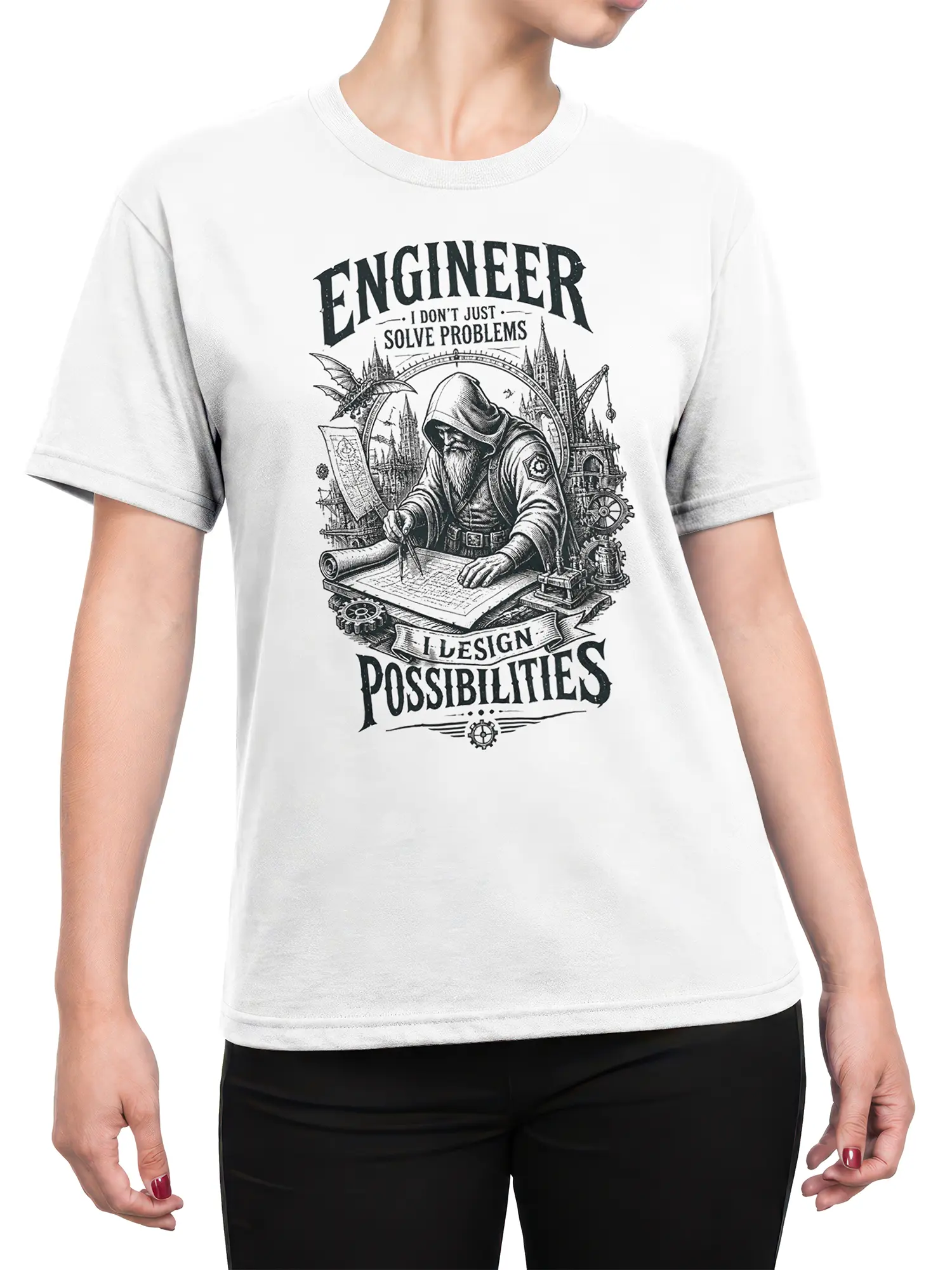 Female torso wearing a white engineer T-shirt with a hooded inventor, blueprint, gears, and gothic design
