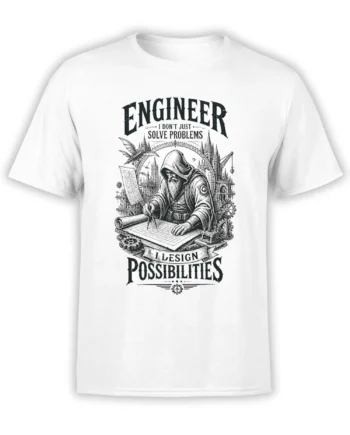White engineer T-shirt with a hooded designer, blueprint, gears, gothic architecture, and bold problem-solving text