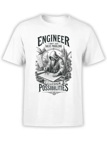 White engineer T-shirt with a hooded designer, blueprint, gears, gothic architecture, and bold problem-solving text