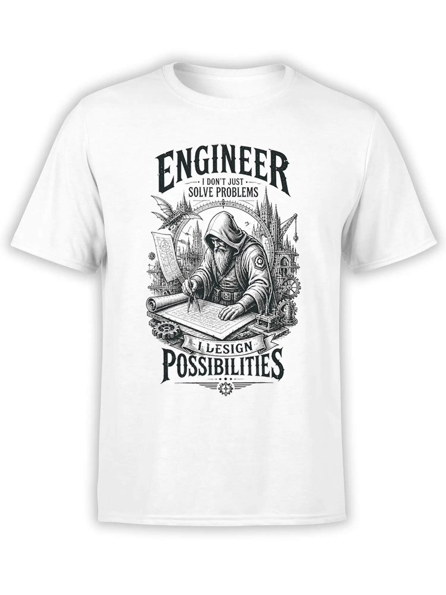 White engineer T-shirt with a hooded designer, blueprint, gears, gothic architecture, and bold problem-solving text