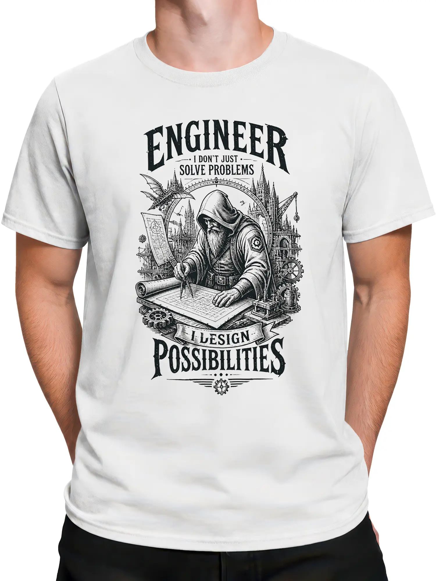 Male torso wearing a white fantasy engineer T-shirt with blueprint, gears, and problem-solving artwork