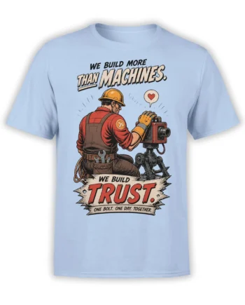 Vintage construction worker graphic on a light blue T-shirt with tools, machinery, and a bold trust message