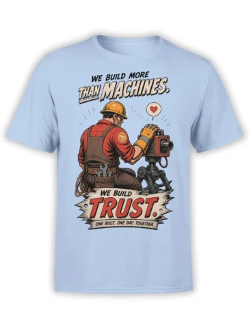 Vintage construction worker graphic on a light blue T-shirt with tools, machinery, and a bold trust message