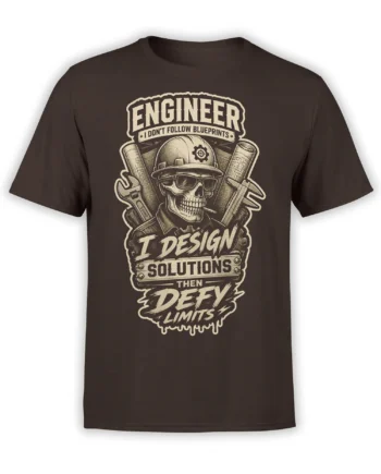 Brown engineer T-shirt featuring a skull in a hard hat with tools, blueprints, and bold vintage lettering