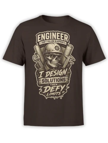 Brown engineer T-shirt featuring a skull in a hard hat with tools, blueprints, and bold vintage lettering