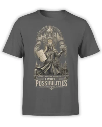 Gray fantasy T-shirt with a goggle-wearing visionary holding a blueprint and mystical geometric orb before castle towers