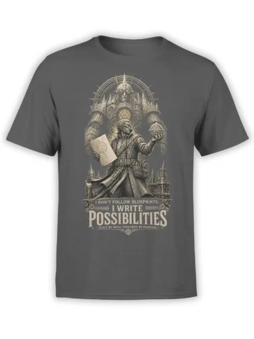 Gray fantasy T-shirt with a goggle-wearing visionary holding a blueprint and mystical geometric orb before castle towers