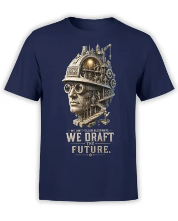 Vintage engineer portrait with gears, cranes, and future lettering on a navy graphic T-shirt