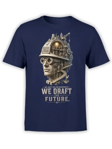 Vintage engineer portrait with gears, cranes, and future lettering on a navy graphic T-shirt