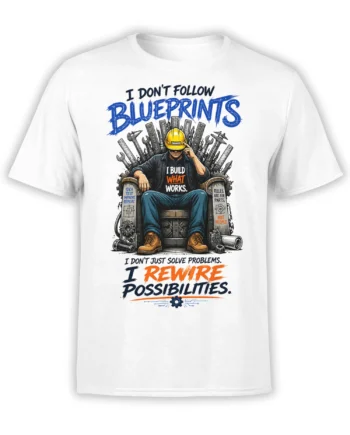 White engineer T-shirt with hard-hat figure, tools, gears, and bold blueprint-inspired lettering