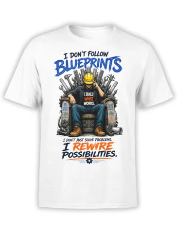 White engineer T-shirt with hard-hat figure, tools, gears, and bold blueprint-inspired lettering