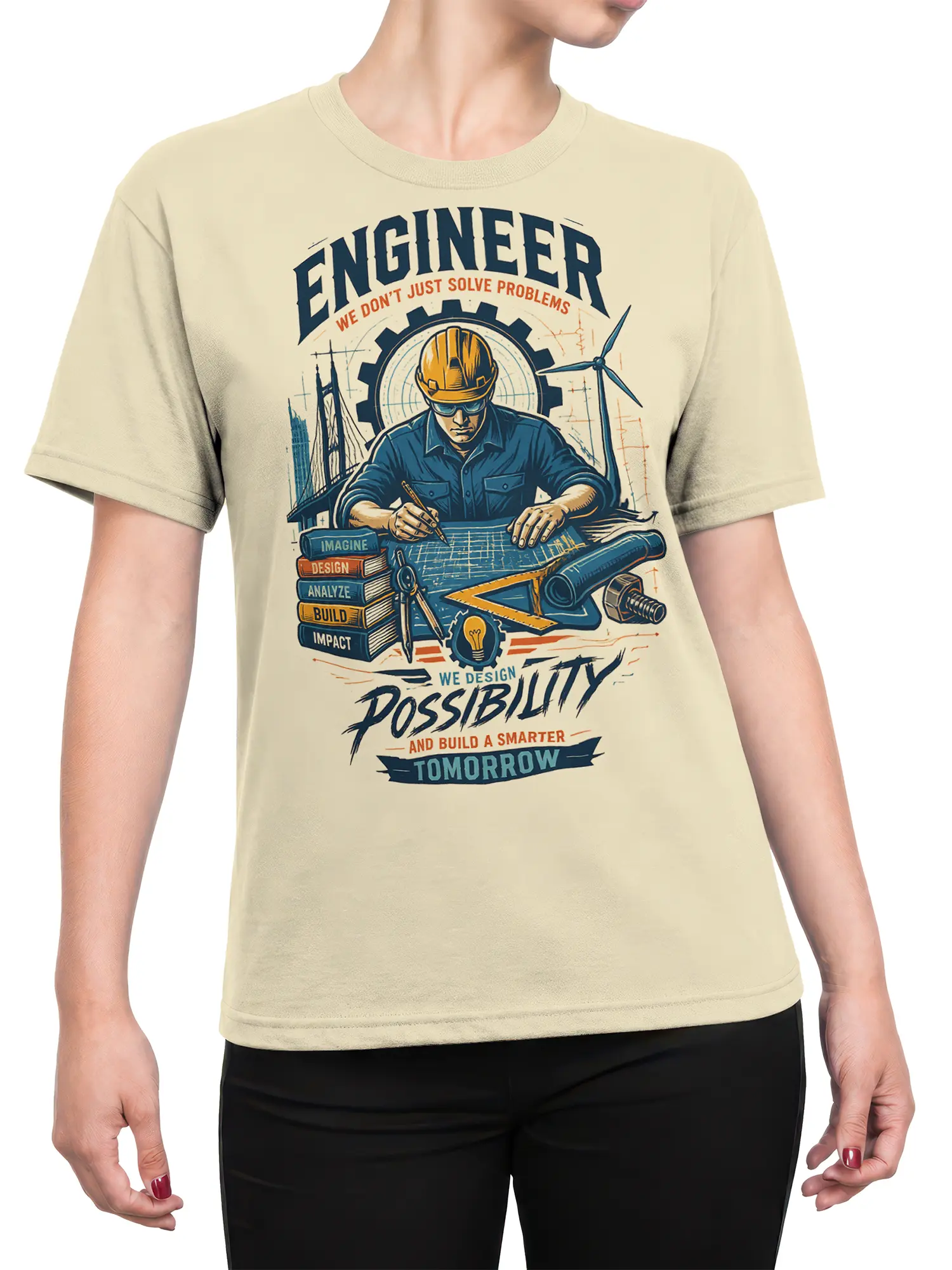Female torso wearing a beige engineer T-shirt with vintage blueprint artwork and a hard hat worker graphic