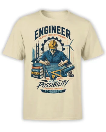 Beige engineer T-shirt with hard hat worker, blueprint tools, gears, and “Design Possibility” vintage artwork