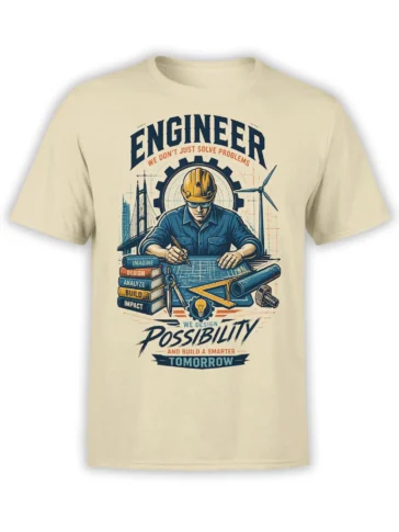 Beige engineer T-shirt with hard hat worker, blueprint tools, gears, and “Design Possibility” vintage artwork