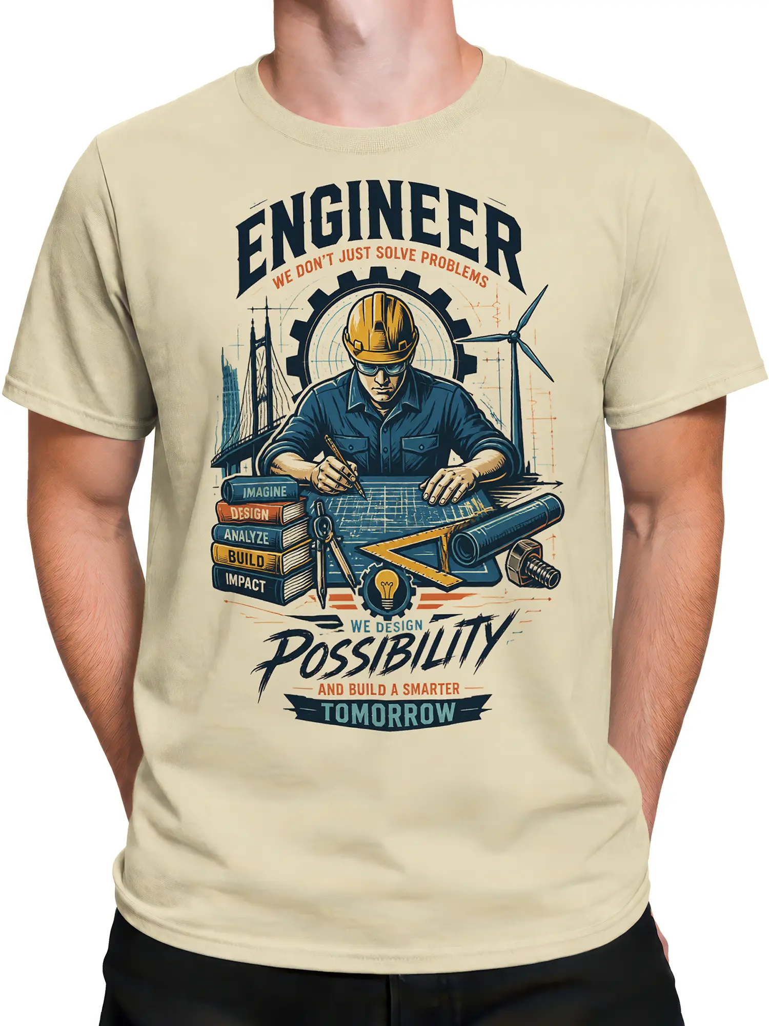 Male torso wearing a beige engineer T-shirt with drafting tools, gears, and vintage “Build a Smarter Tomorrow” artwork