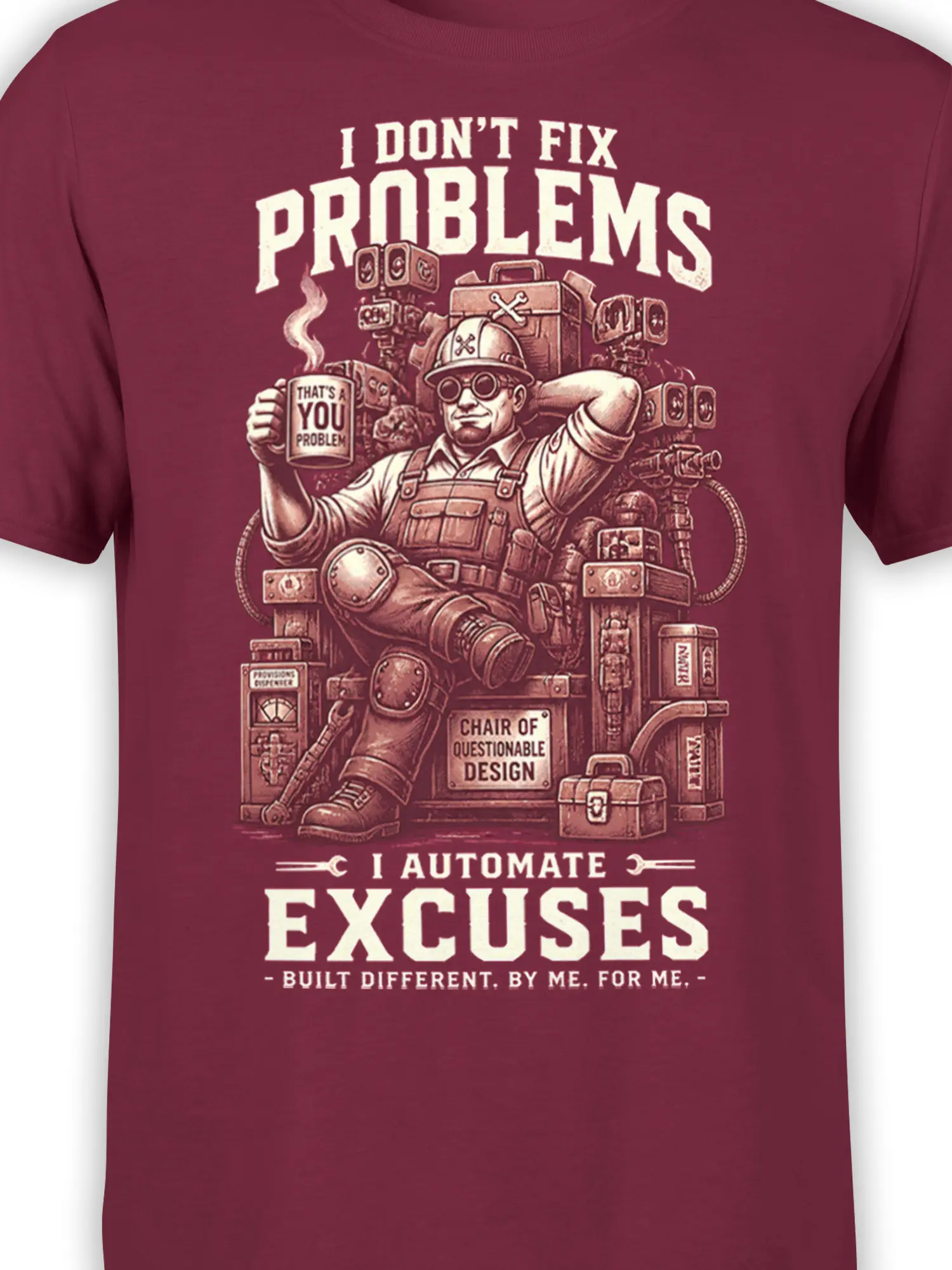 Close-up of burgundy engineer graphic showing goggles, tools, machinery, and the Questionable Design chair