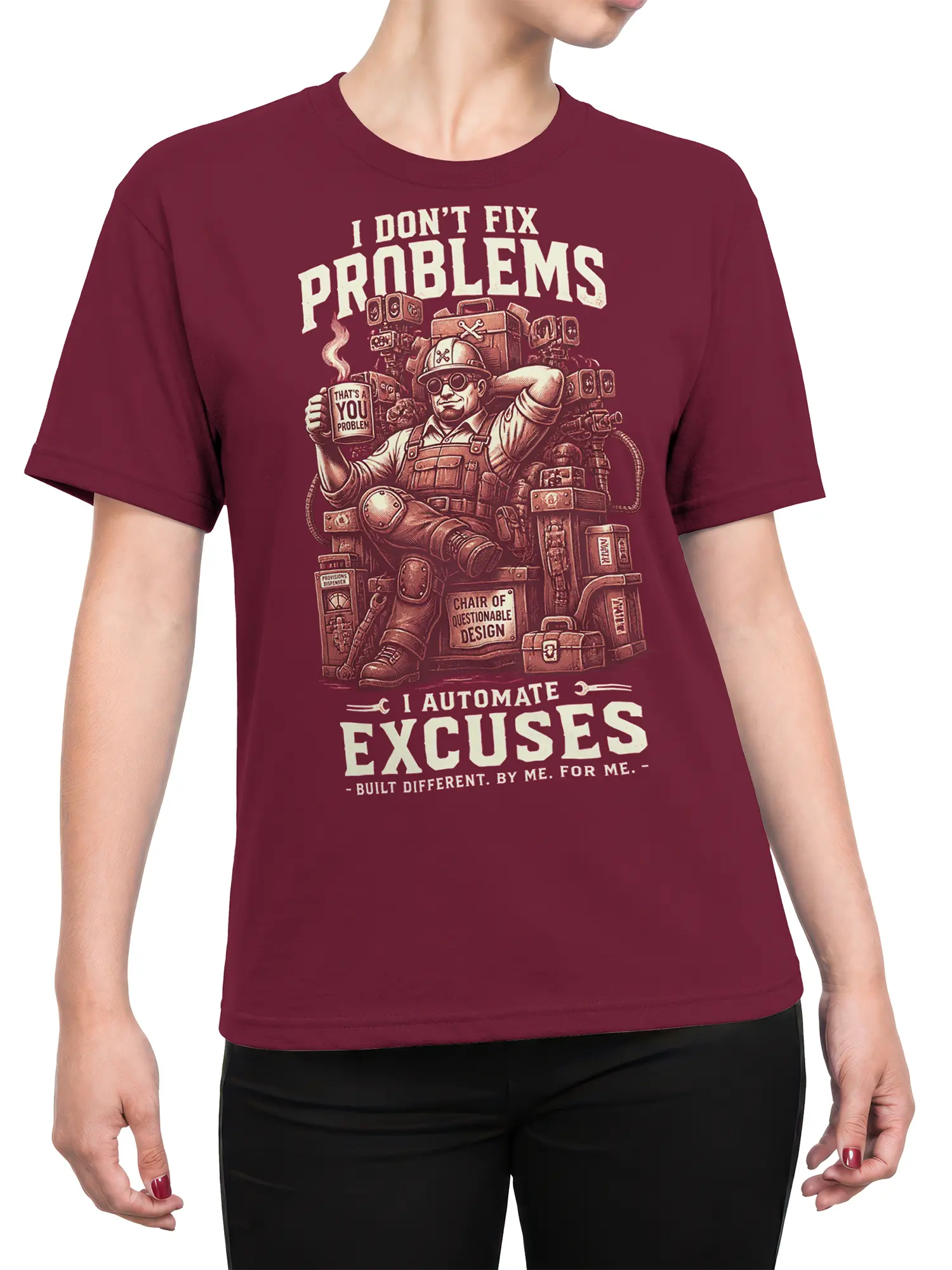 Female torso wearing a burgundy engineer T-shirt with a vintage workshop worker and dry mechanical humor