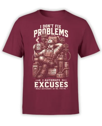 Burgundy engineer T-shirt with goggled workshop worker, tools, and the text I Don't Fix Problems