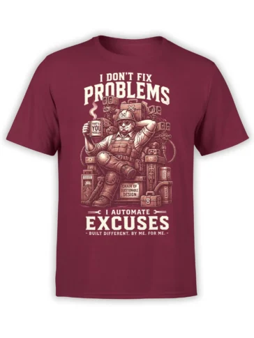 Burgundy engineer T-shirt with goggled workshop worker, tools, and the text I Don't Fix Problems