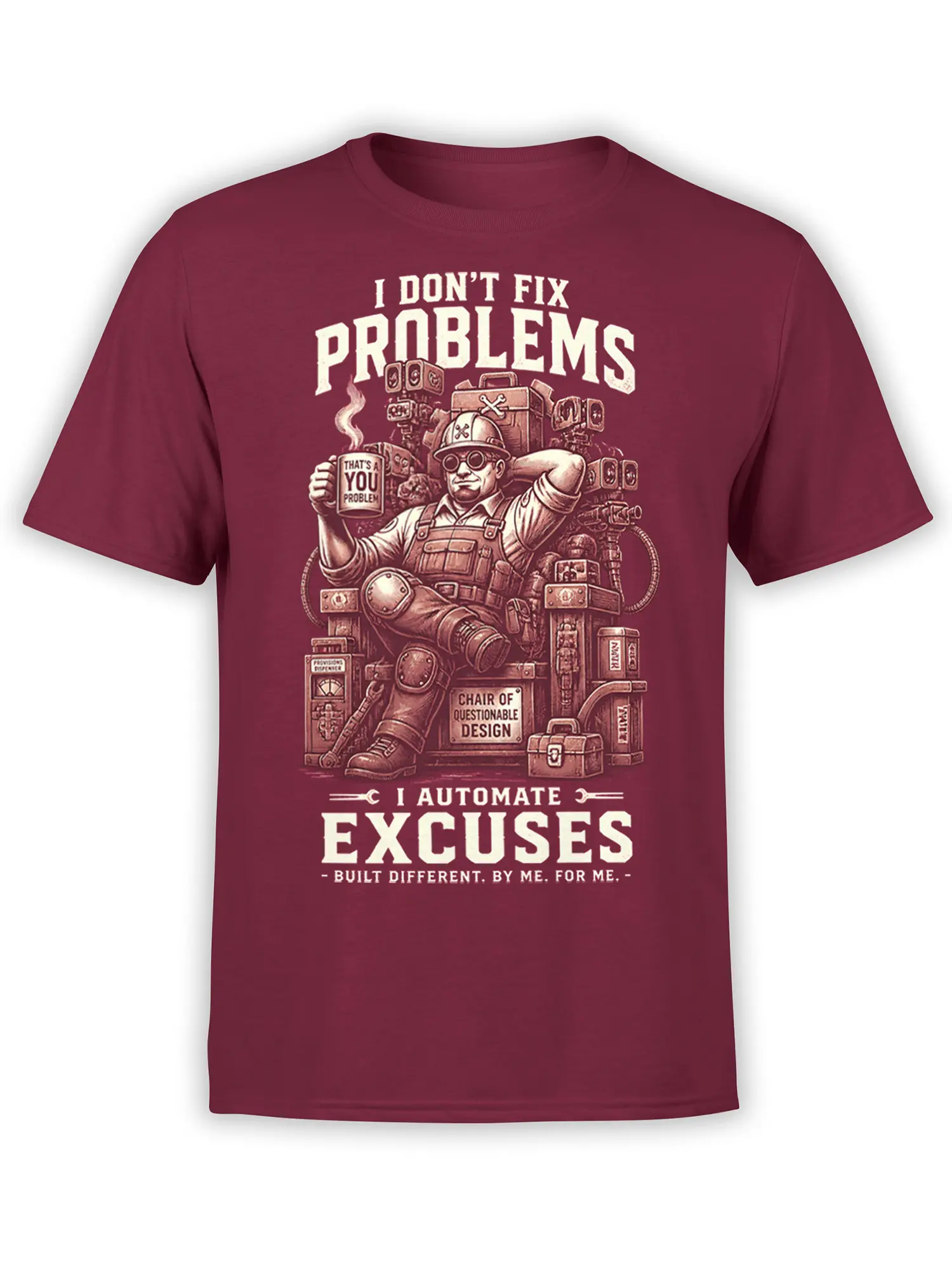 Burgundy engineer T-shirt with goggled workshop worker, tools, and the text I Don't Fix Problems