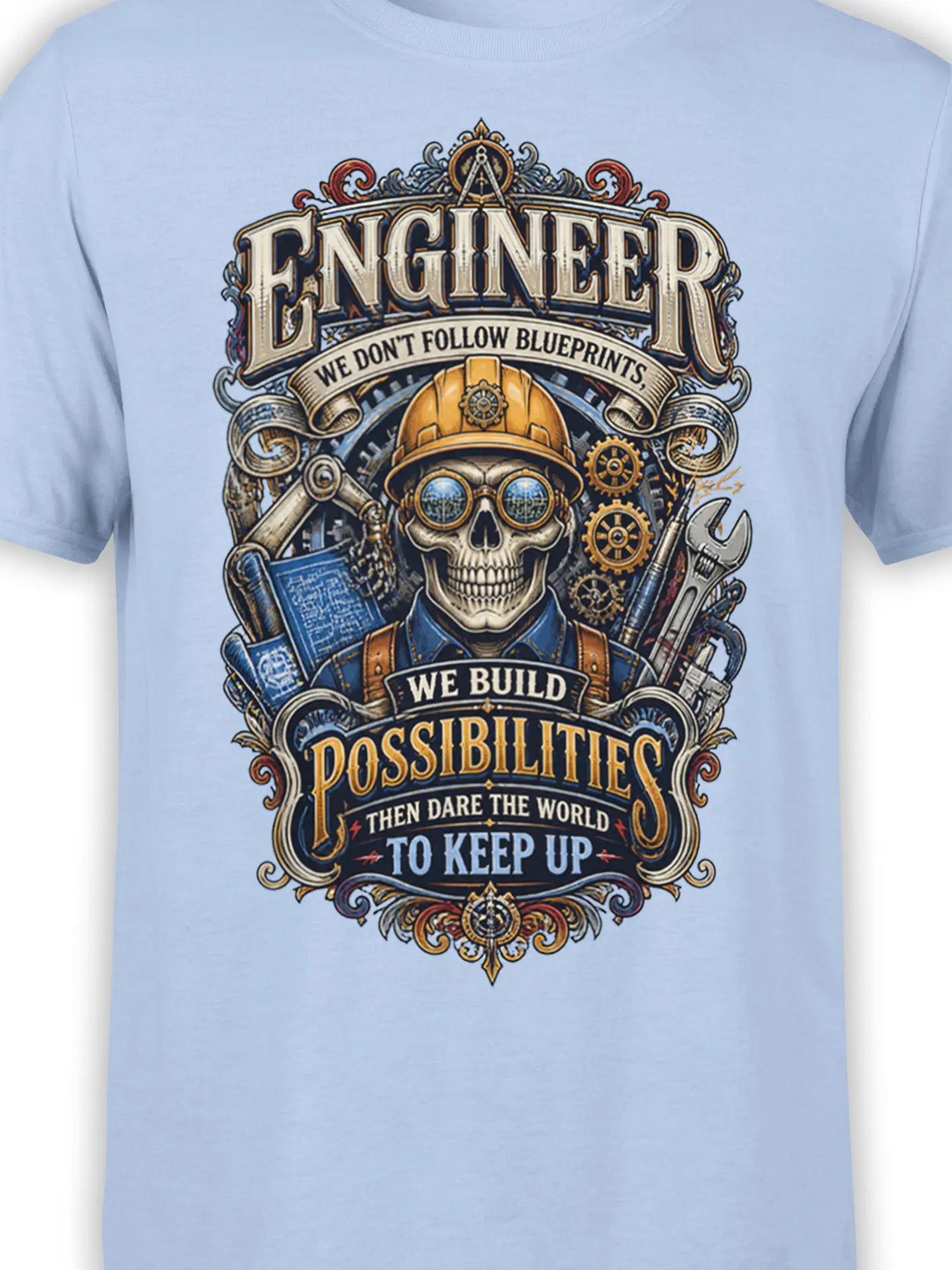 Close-up of skull engineer artwork with hard hat, goggles, gears, tools, and blueprint details