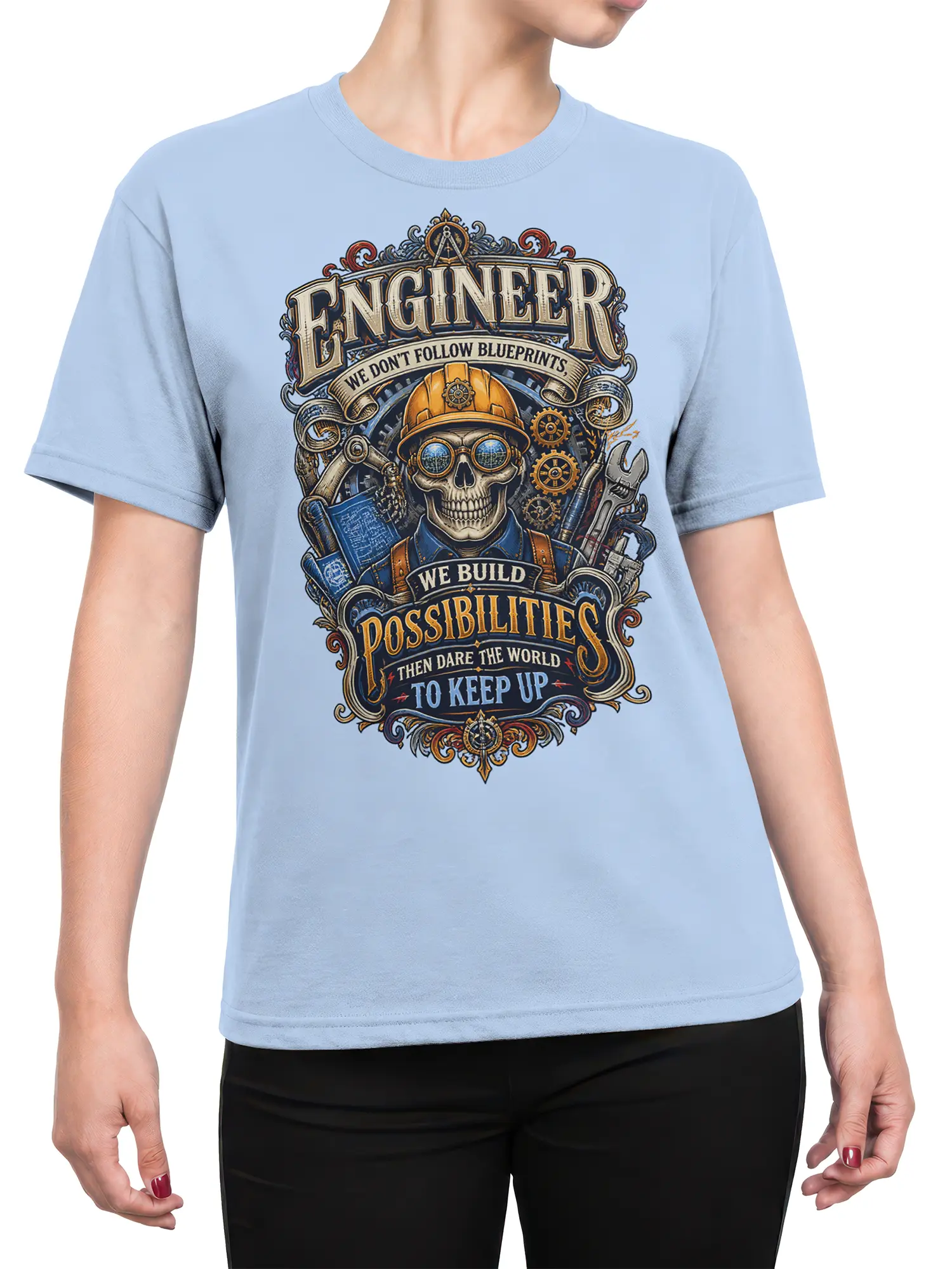 Female torso wearing a light blue skull engineer T-shirt with vintage tools, gears, and blueprint artwork