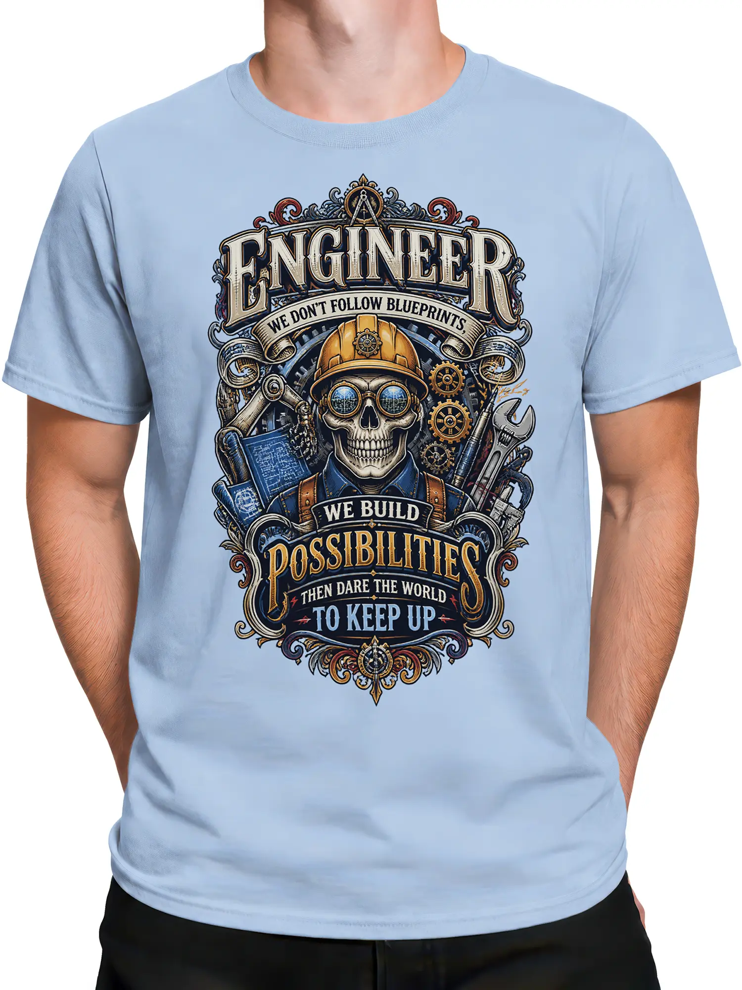 Male torso wearing a light blue engineer T-shirt with skull, machinery, tools, and blueprint artwork
