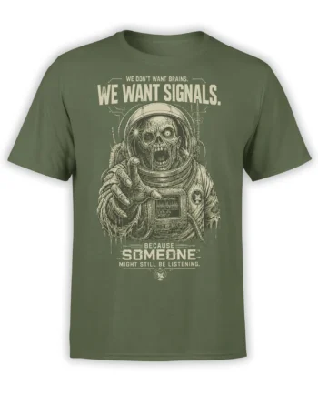 Olive green astronaut skull T-shirt with signal text and a skeletal space explorer illustration