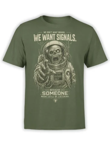 Olive green astronaut skull T-shirt with signal text and a skeletal space explorer illustration