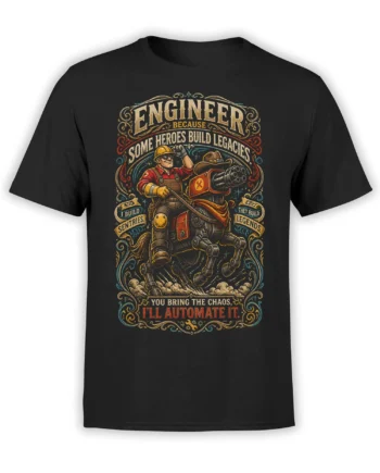 Black engineer T-shirt with vintage lettering, a hard-hat worker, and an armored machine with a large cannon