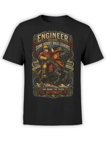 Black engineer T-shirt with vintage lettering, a hard-hat worker, and an armored machine with a large cannon