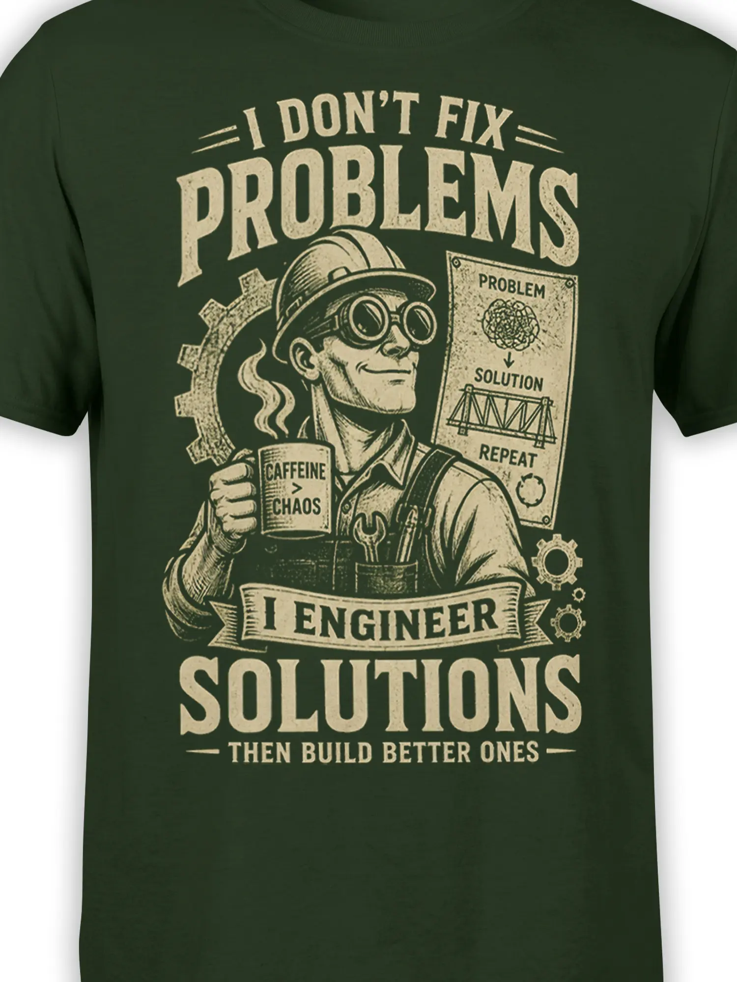 Close-up of vintage engineer artwork with gears, tools, caffeine mug, and solution chart on green fabric