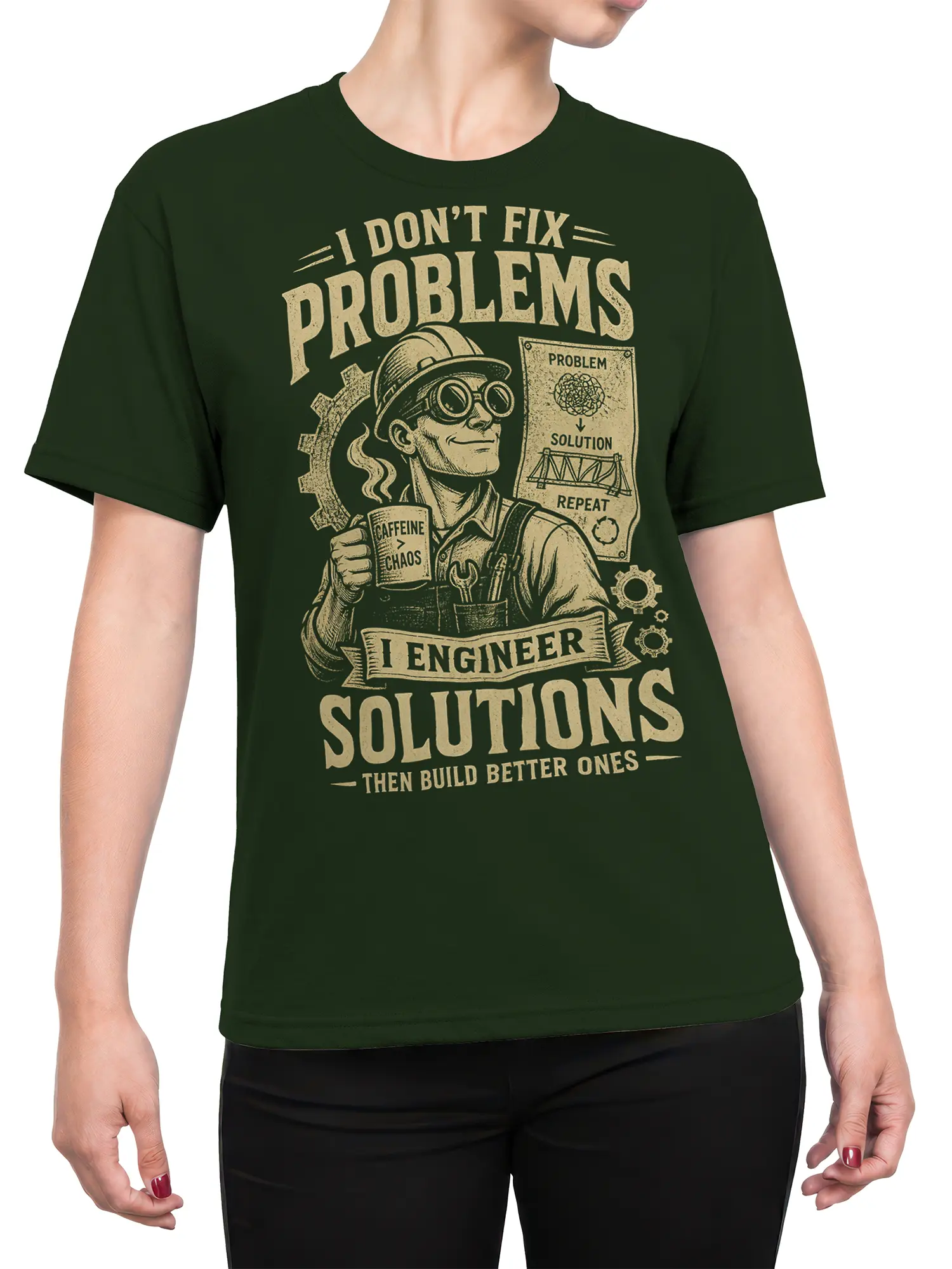 Female torso wearing a green engineer T-shirt with vintage tools, gears, caffeine, and problem-solving artwork