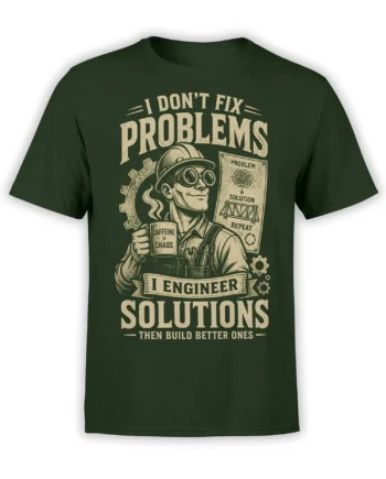 Green engineer T-shirt with vintage problem-solving artwork, gears, tools, and a caffeine mug
