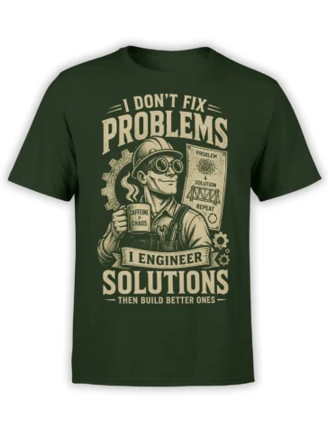 Green engineer T-shirt with vintage problem-solving artwork, gears, tools, and a caffeine mug