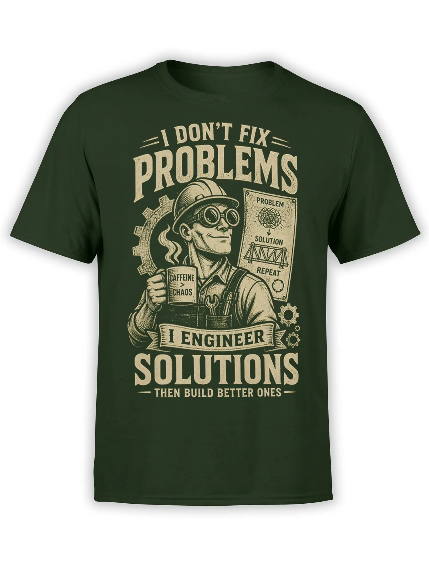Green engineer T-shirt with vintage problem-solving artwork, gears, tools, and a caffeine mug