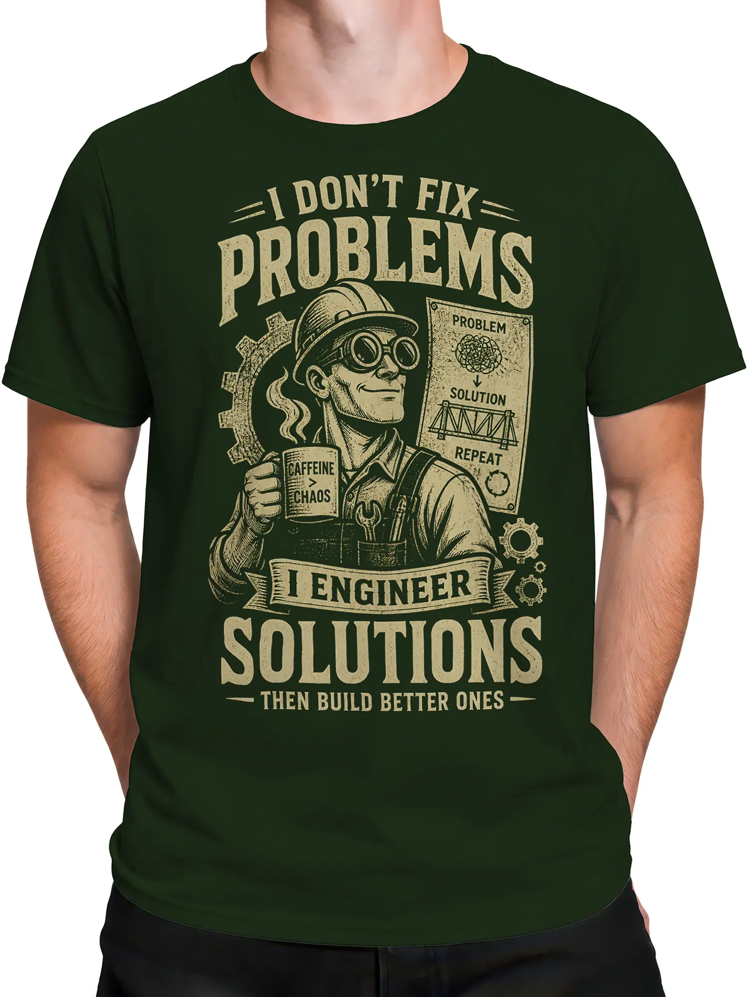Male torso wearing a green engineer T-shirt with vintage problem-solving artwork and workshop details
