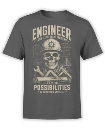 Gray engineer T-shirt with a vintage skull in a hard hat, drafting tools, blueprints, and bold cream lettering