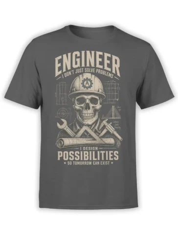 Gray engineer T-shirt with a vintage skull in a hard hat, drafting tools, blueprints, and bold cream lettering