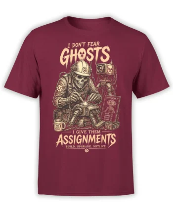 Skeleton engineer welding a machine beside a robot on a burgundy T-shirt with dark humor text