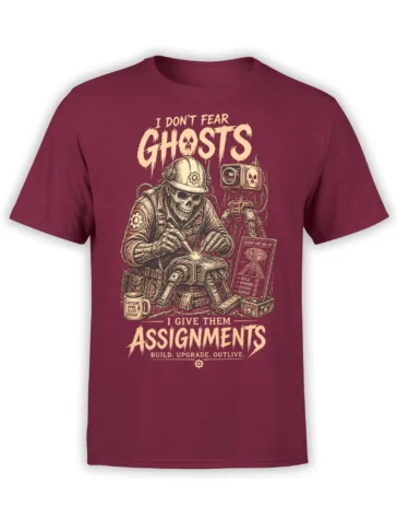 Skeleton engineer welding a machine beside a robot on a burgundy T-shirt with dark humor text