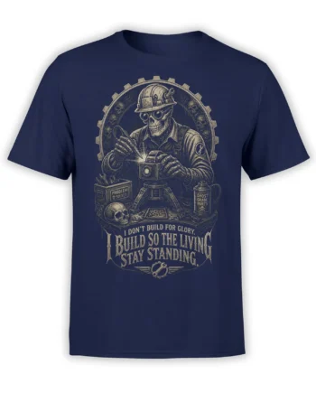 Vintage skeleton builder graphic with tools, camera gear, skulls, and a work ethic quote on a navy T-shirt